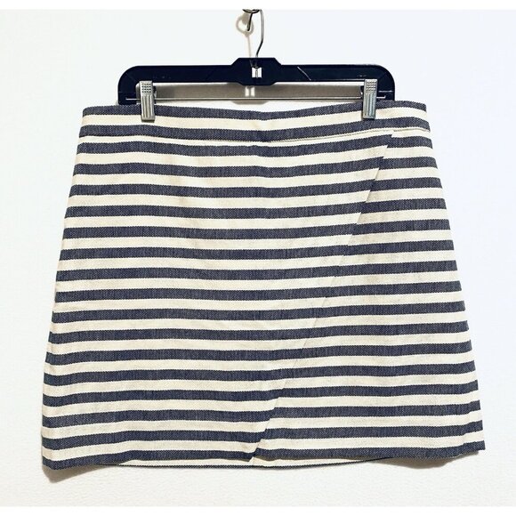 J Crew Skirt Womens 14 Navy Blue Ivory Stripped Faux Wrap Mini Nautical Preppy - Picture 1 of 7